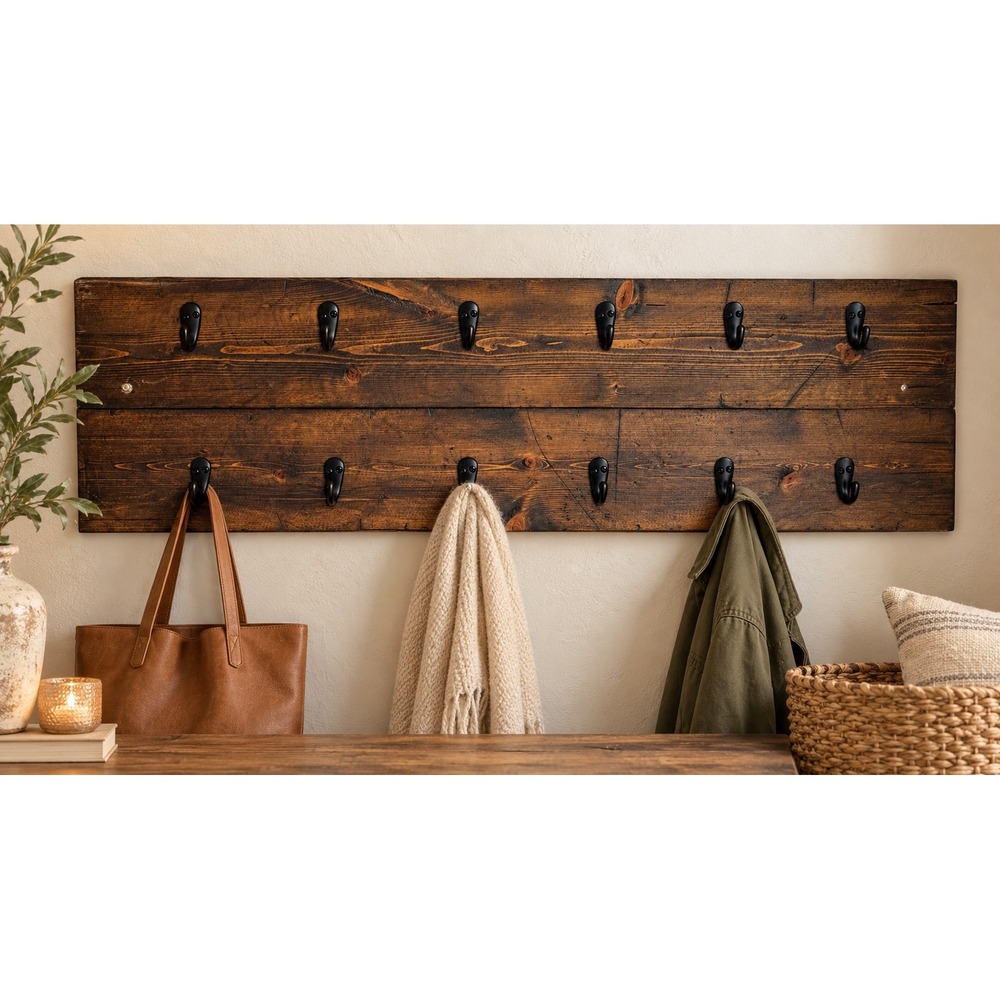 Rustic Wood Wall Coat Rack 12 Hooks 36" Farmhouse Cottagecore Entryway